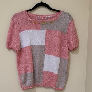 Alfred Dunner Pink and Beige  Knit Top Pink Sequin Women’s Blouse Rayon Blend